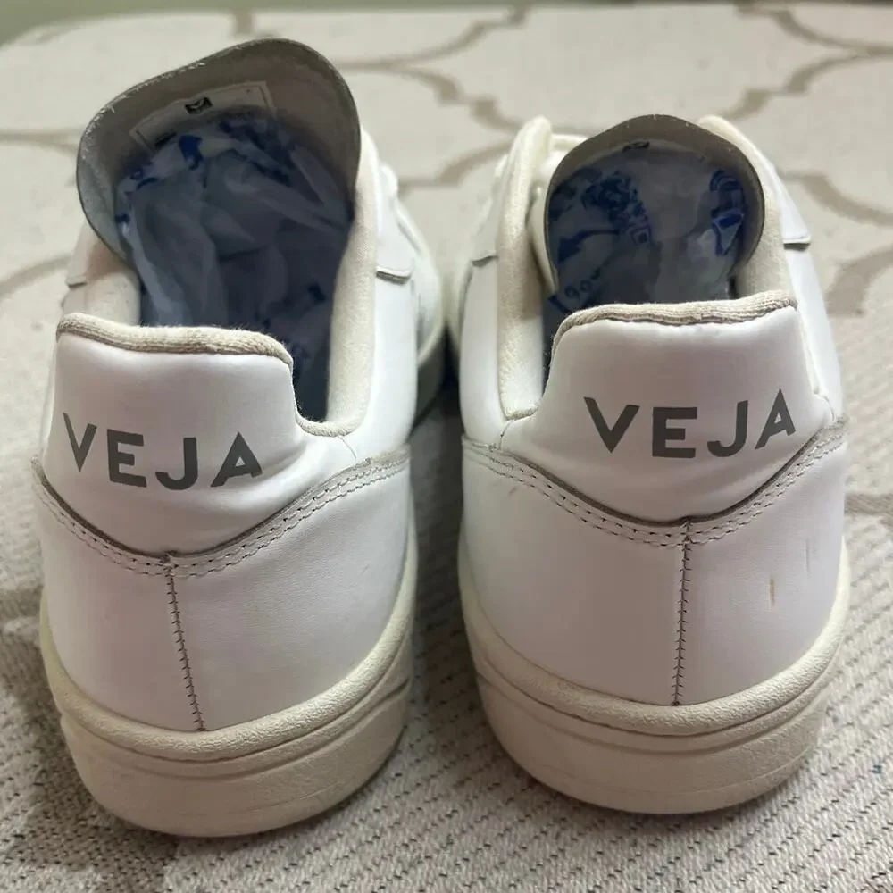 Veja V-10 sneakers all-white leather perforated toes lace.up sneakers, size 10
